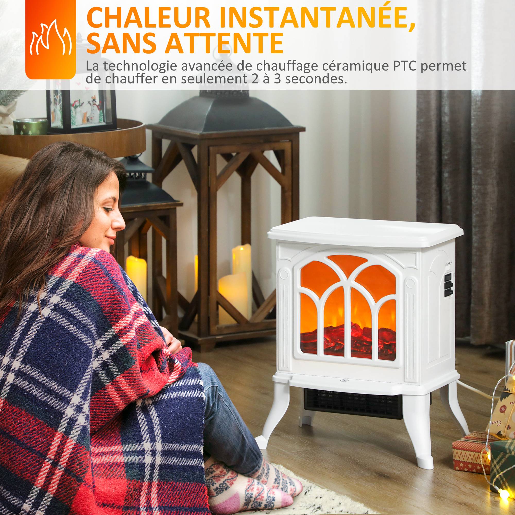 Cheminée électrique sur pied 750/1500 W, fausse cheminée décorative avec effet flamme LED, 37,3 x 23,1 x 44 cm, blanc - Image 7