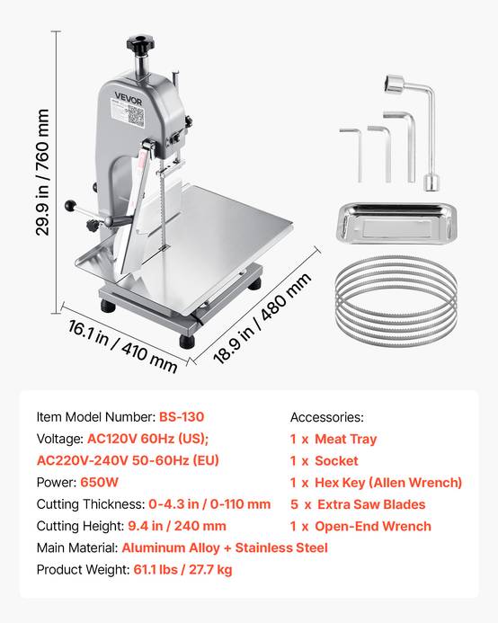 VEVOR Scie à os électrique 650W, table 415x483mm, coupe max 110mm, pour viande/ os congelés. - Image 7