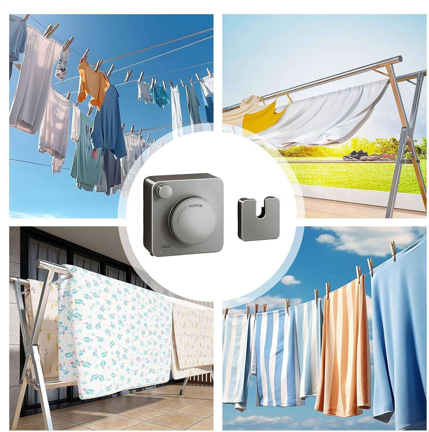 Corde à linge rétractable, corde à linge intérieure et extérieure, murale (gris)-Lytech - Image 5