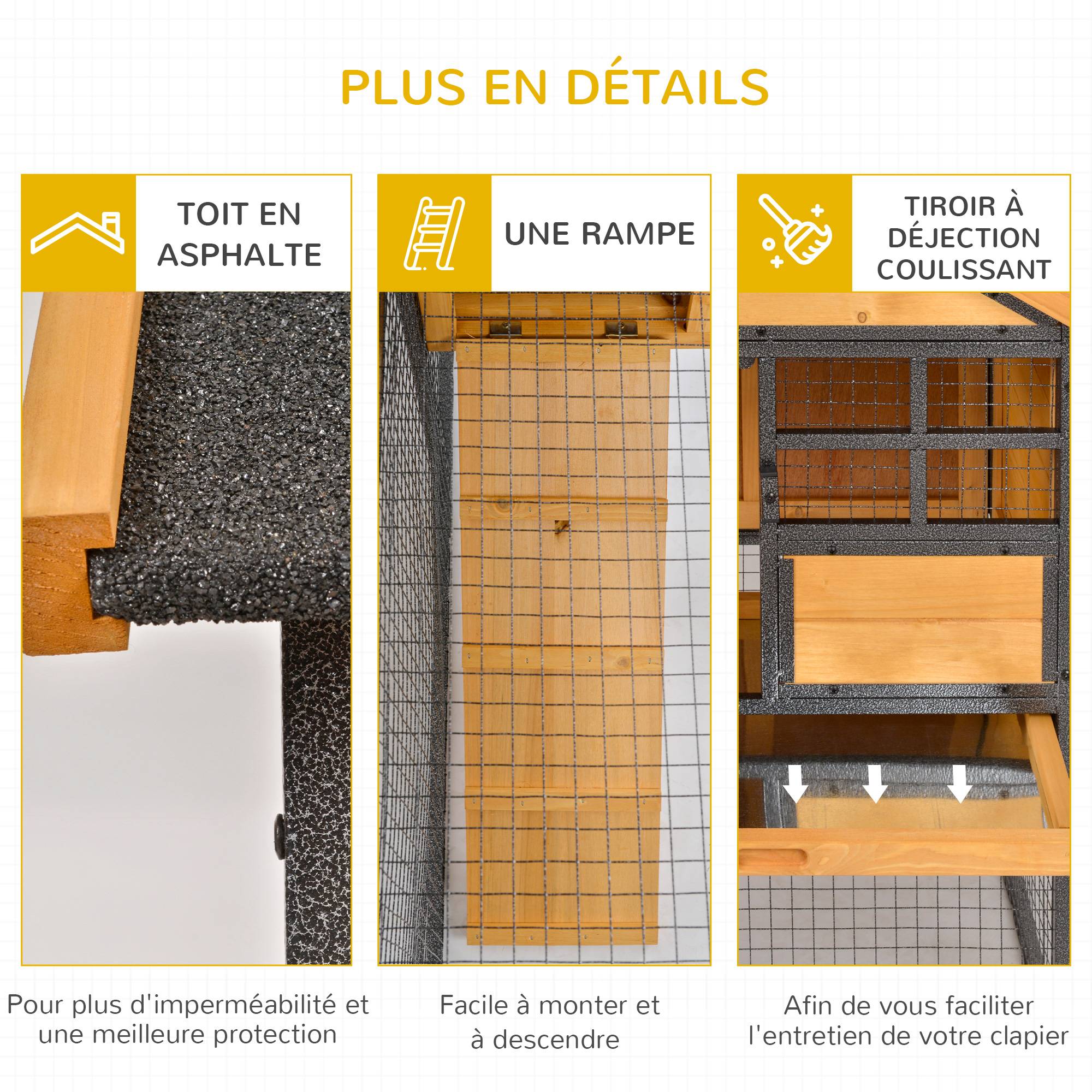 Clapier lapin cottage, niche haute avec rampe, bac à déchets, fenêtre, 2 portes verrouillables, sapin huilé - Image 9