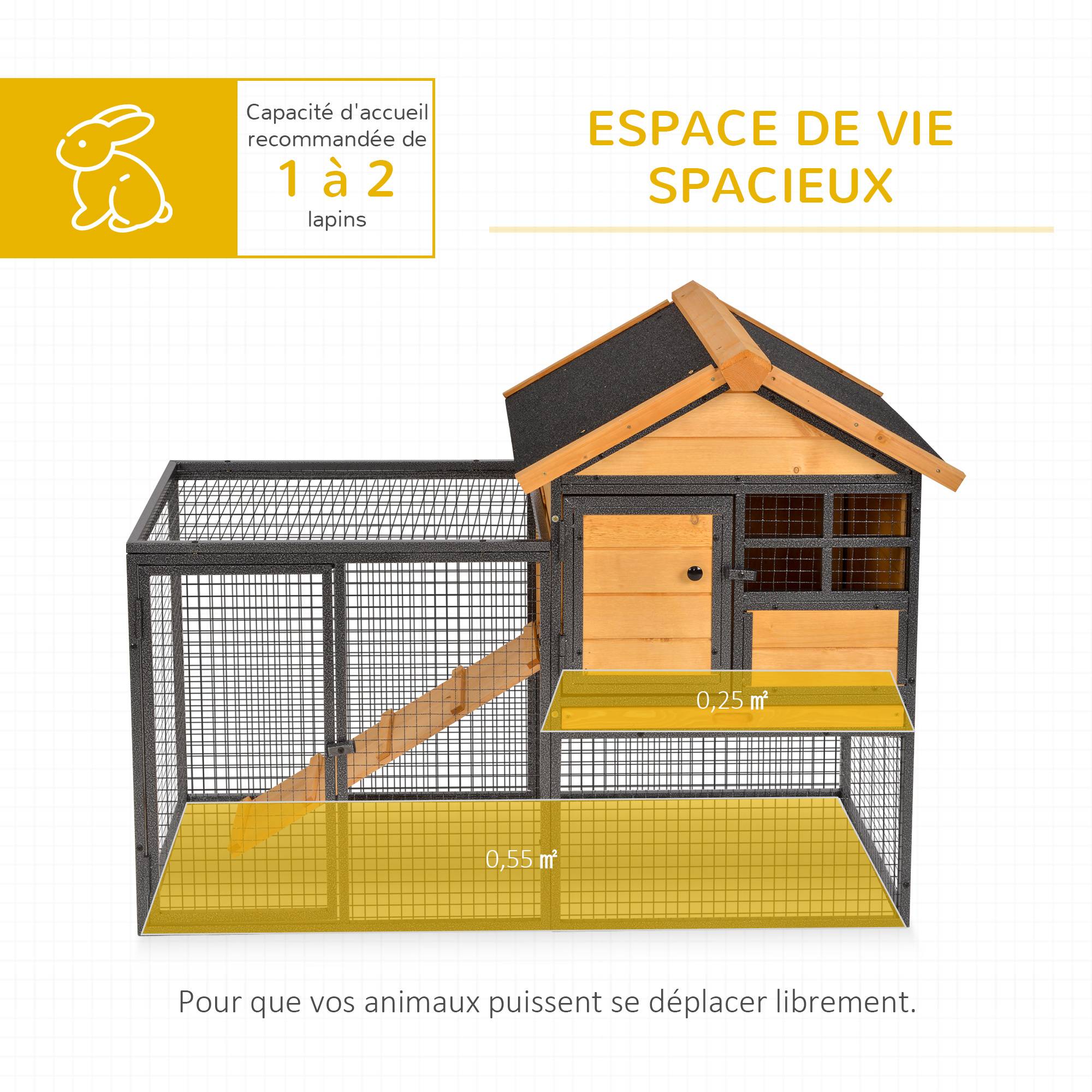 Clapier lapin cottage, niche haute avec rampe, bac à déchets, fenêtre, 2 portes verrouillables, sapin huilé - Image 6