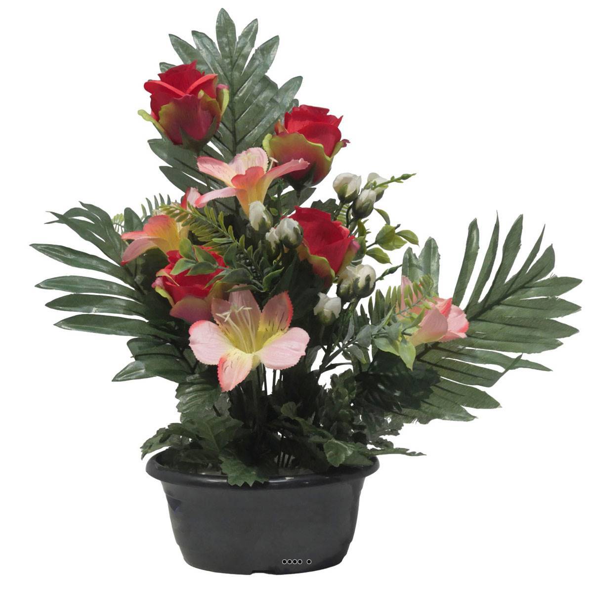 Artificielles - Jardinière fleurs artificielles Rose, Alstromeria et mini fleurs Rouge pour la Toussaint - couleur: Rouge - Imagen 2