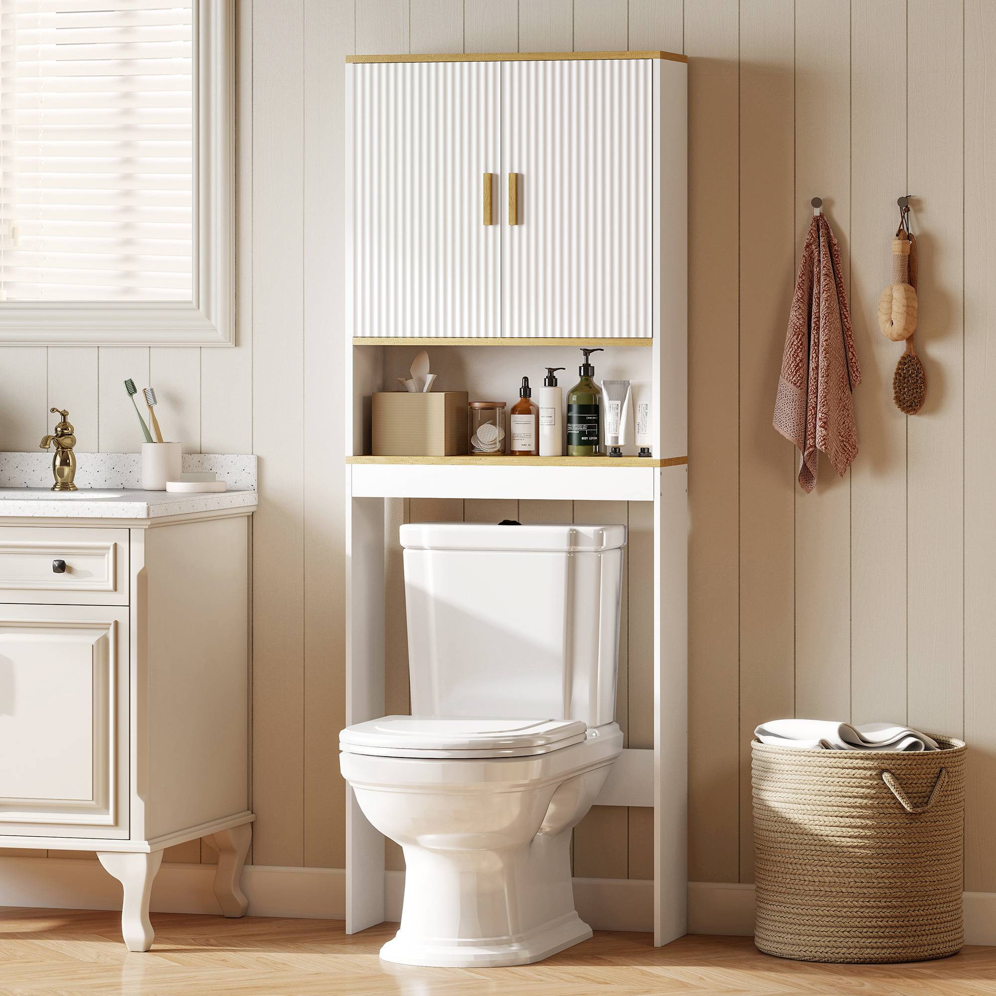 Sans Marque - Meuble WC rangement dessus toilettes 3 niveaux étagère toilettes étagères réglables 64x20x170,5cm blanc - Image 3