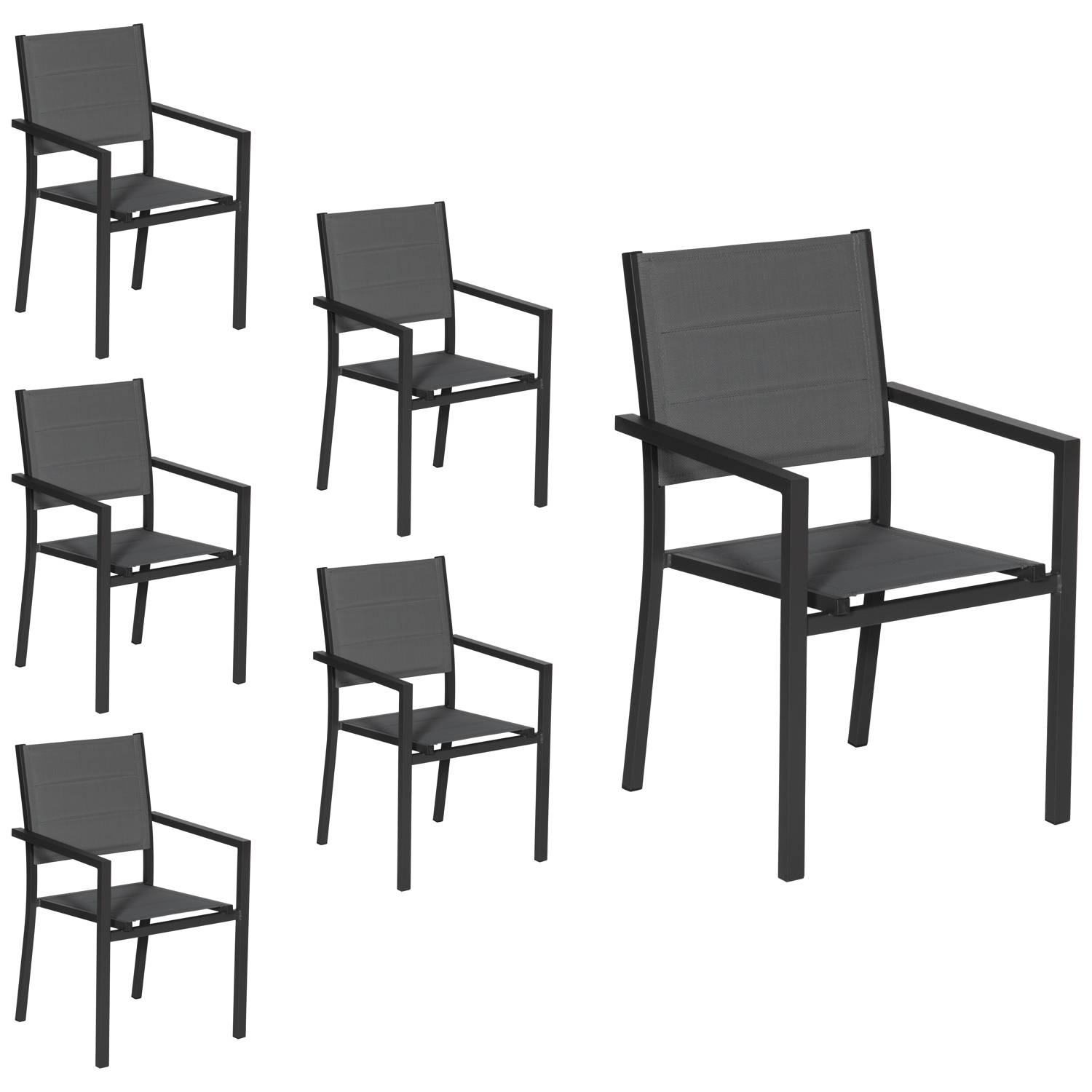 Lot de 6 chaises rembourrées en aluminium anthracite - textilène gris - HAPPY GARDEN - Image 1