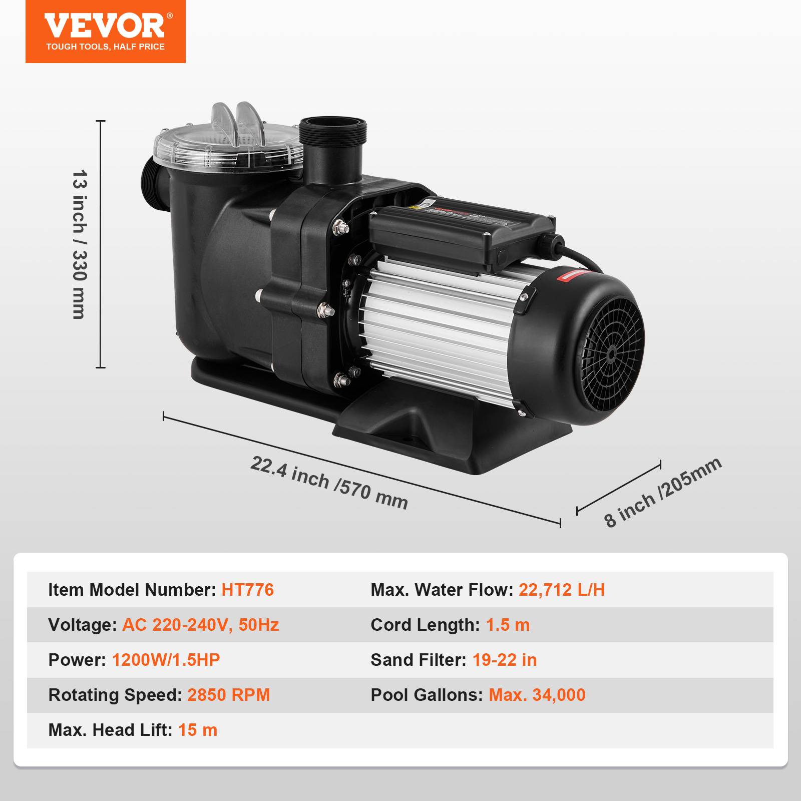 VEVOR Pompe piscine hors sol 1200W vitesse unique 100 GPM, tête max 15 m, panier filtrant. - Image 7