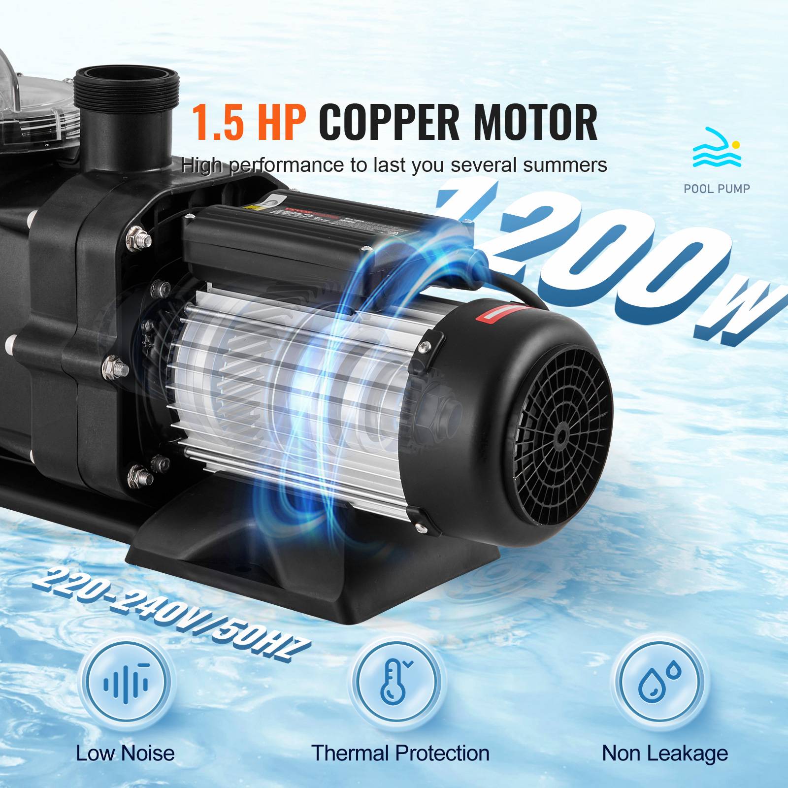 VEVOR Pompe piscine hors sol 1200W vitesse unique 100 GPM, tête max 15 m, panier filtrant. - Image 3