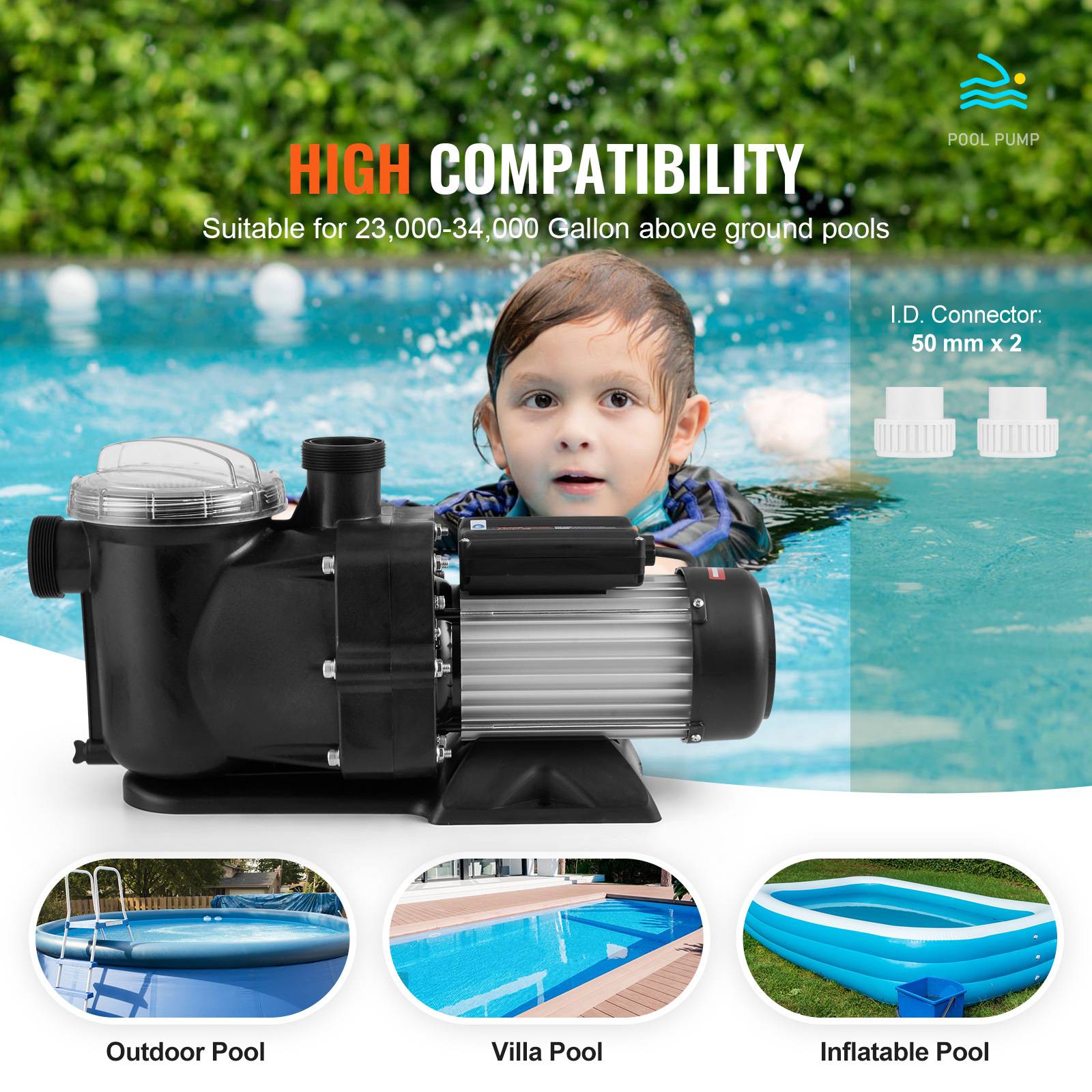 VEVOR Pompe piscine hors sol 1200W vitesse unique 100 GPM, tête max 15 m, panier filtrant. - Image 4