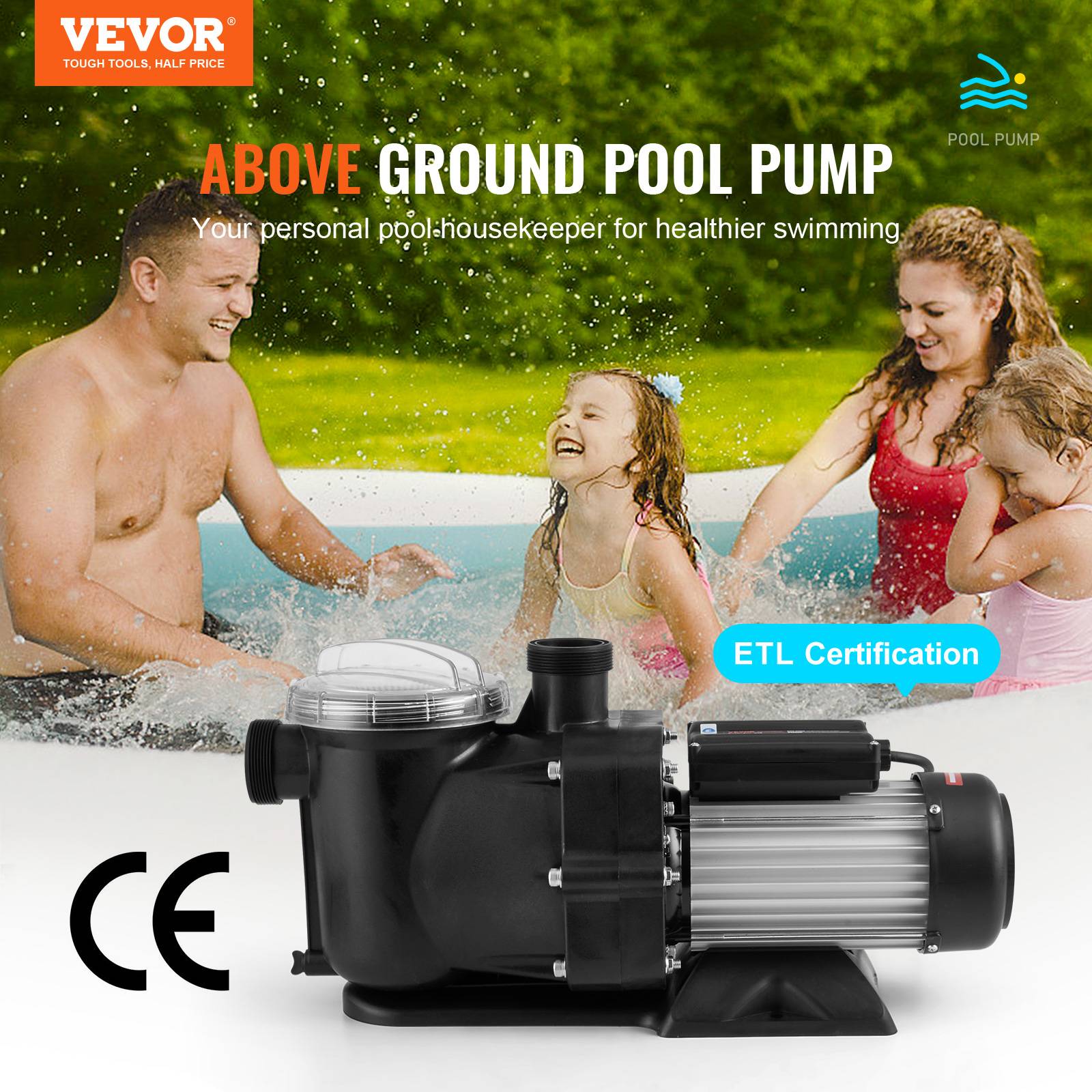 VEVOR Pompe piscine hors sol 1200W vitesse unique 100 GPM, tête max 15 m, panier filtrant. - Image 2