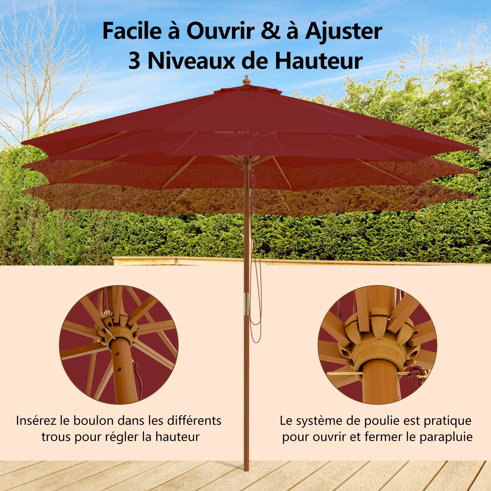 Parasol Droit Outsunny Rond Grande Taille De Jardin 3,25 X 2,5H M Bois De Bambou Beige | France Parasol Vert