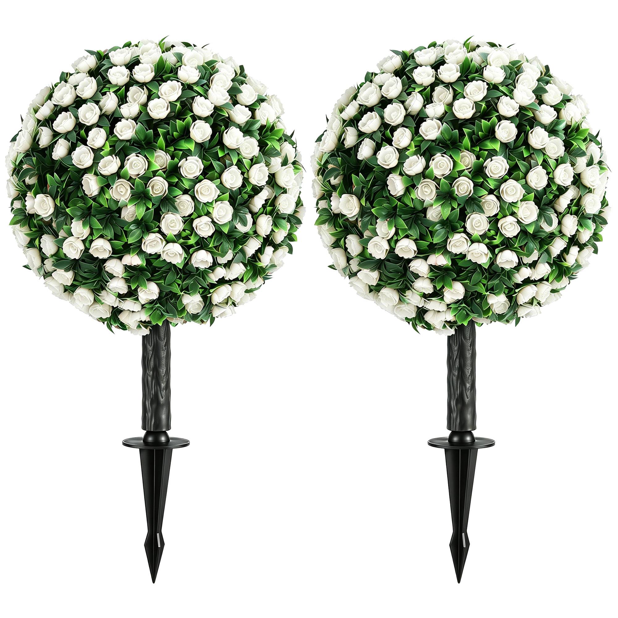 Boules de roses artificielles, résistantes aux UV pour une utilisation extérieure, lot de 2 rosiers, 55 cm, blanches - Image 2