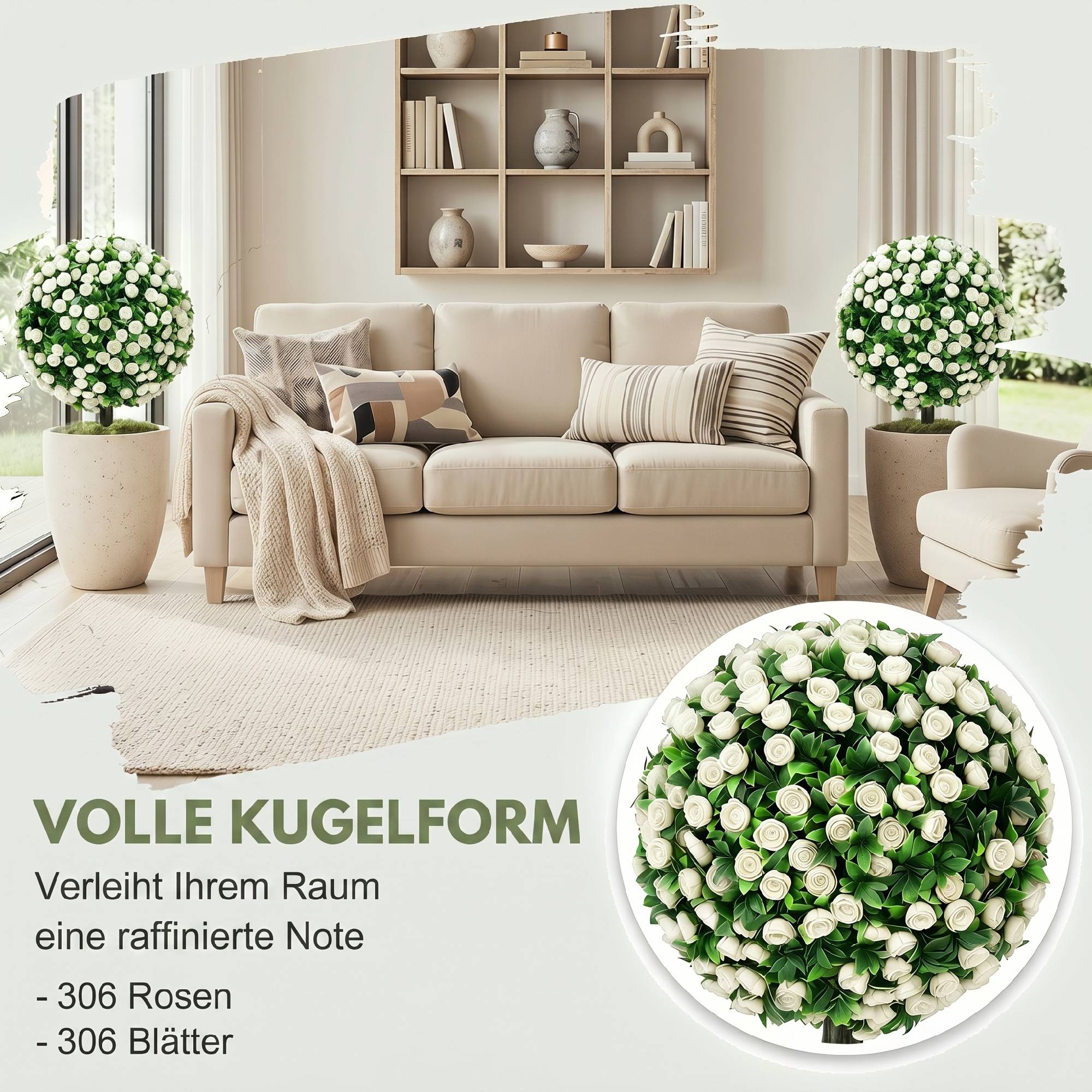Boules de roses artificielles, résistantes aux UV pour une utilisation extérieure, lot de 2 rosiers, 55 cm, blanches - Image 6