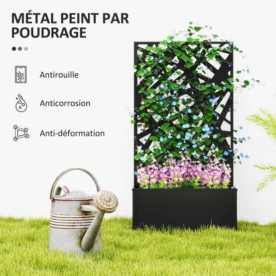 Outsunny - Jardinière avec treillis brise-vue paravent bac à fleurs rectangulaire balcon patio mural/pieds 61x23x113cm motifs lignes métal noir - Outsunny - Image 5