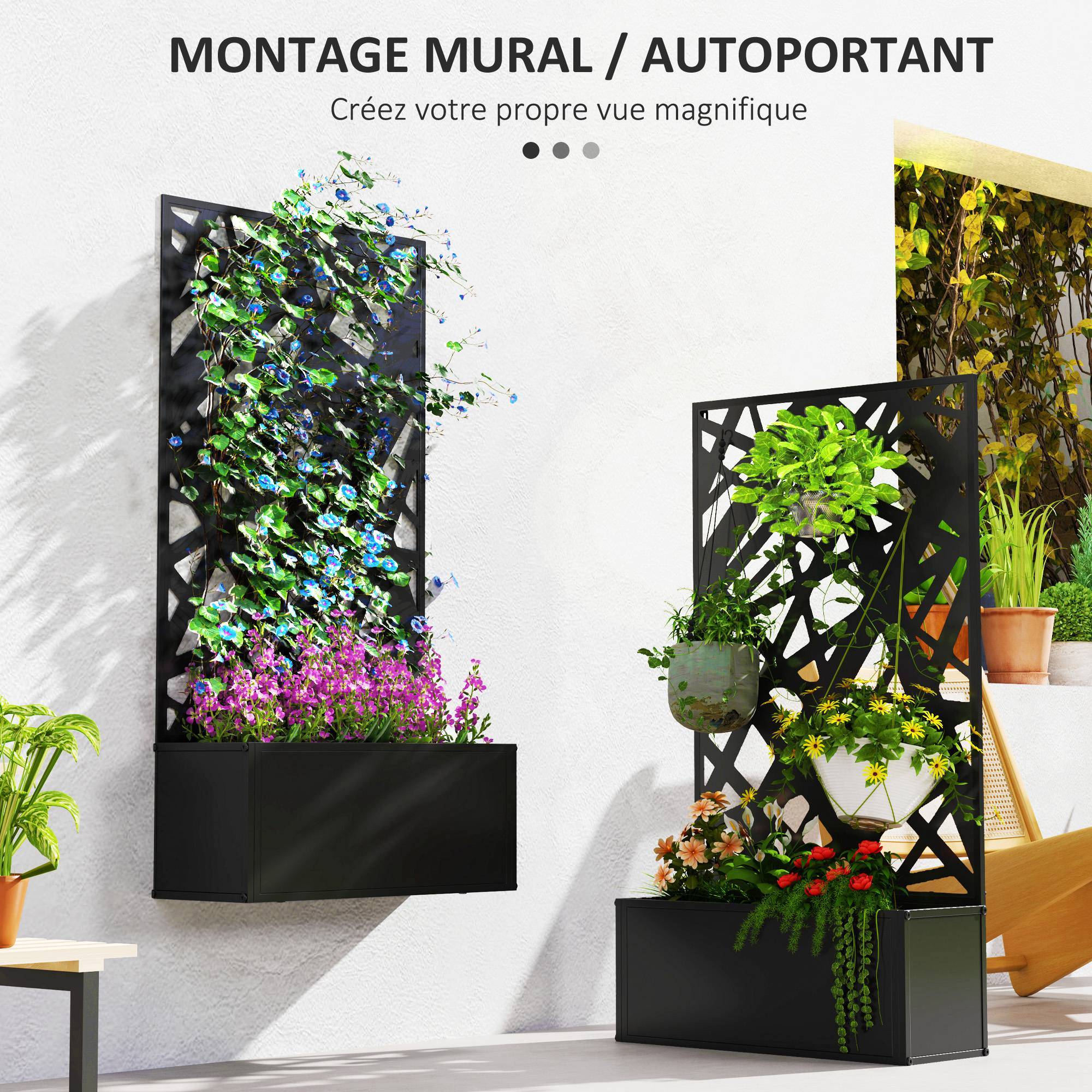 Outsunny - Jardinière avec treillis brise-vue paravent bac à fleurs rectangulaire balcon patio mural/pieds 61x23x113cm motifs lignes métal noir - Outsunny - Image 4