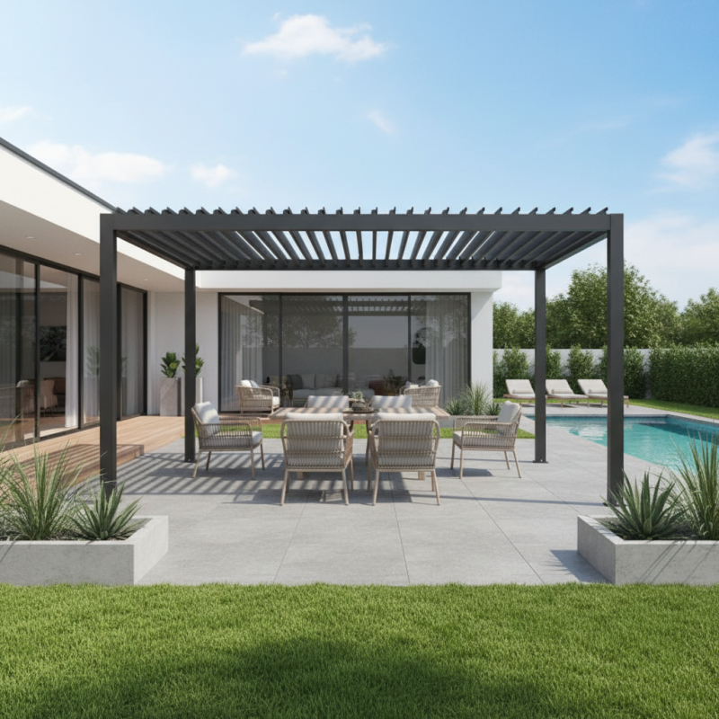 Pergola bioclimatique motorisée 12m² aluminium anthracite X-Metal avec drainage - Image 1