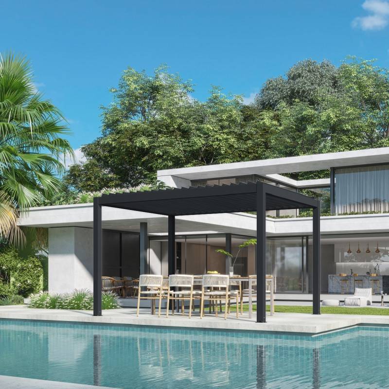 Pergola bioclimatique motorisée 12m² aluminium anthracite X-Metal avec drainage - Image 6