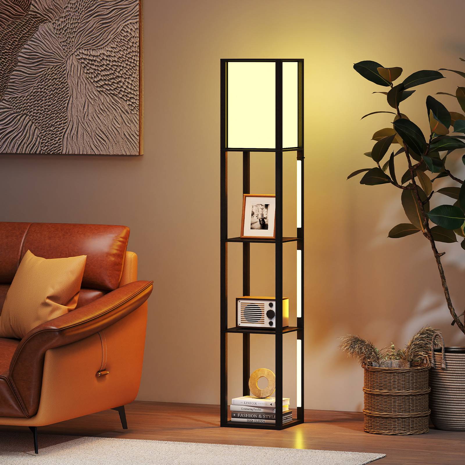 Costway - Lampadaire avec Étagères, Lampe Étagère avec 3 Bandes LED & Abat-jour, Luminosité Réglable à 3 Niveaux, Interrupteur au Pied pour Salon, Chambre - Image 4