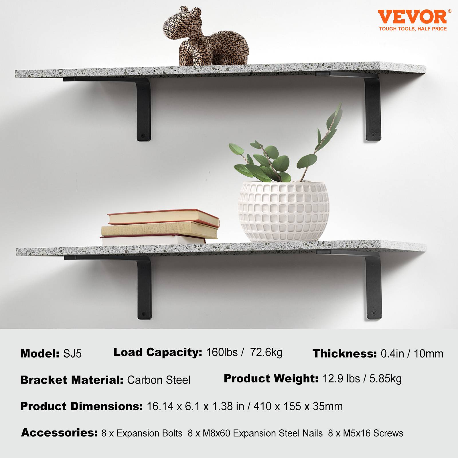 VEVOR Équerres étagères, 410x155 mm, 4 pièces, noir mat, acier, charge 72,6 kg. - Image 7