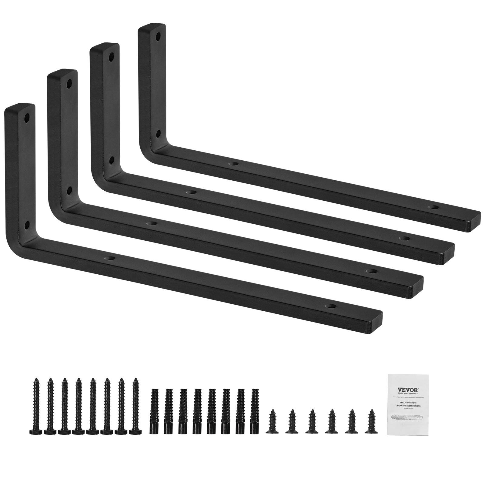 VEVOR Équerres étagères, 410x155 mm, 4 pièces, noir mat, acier, charge 72,6 kg. - Image 1