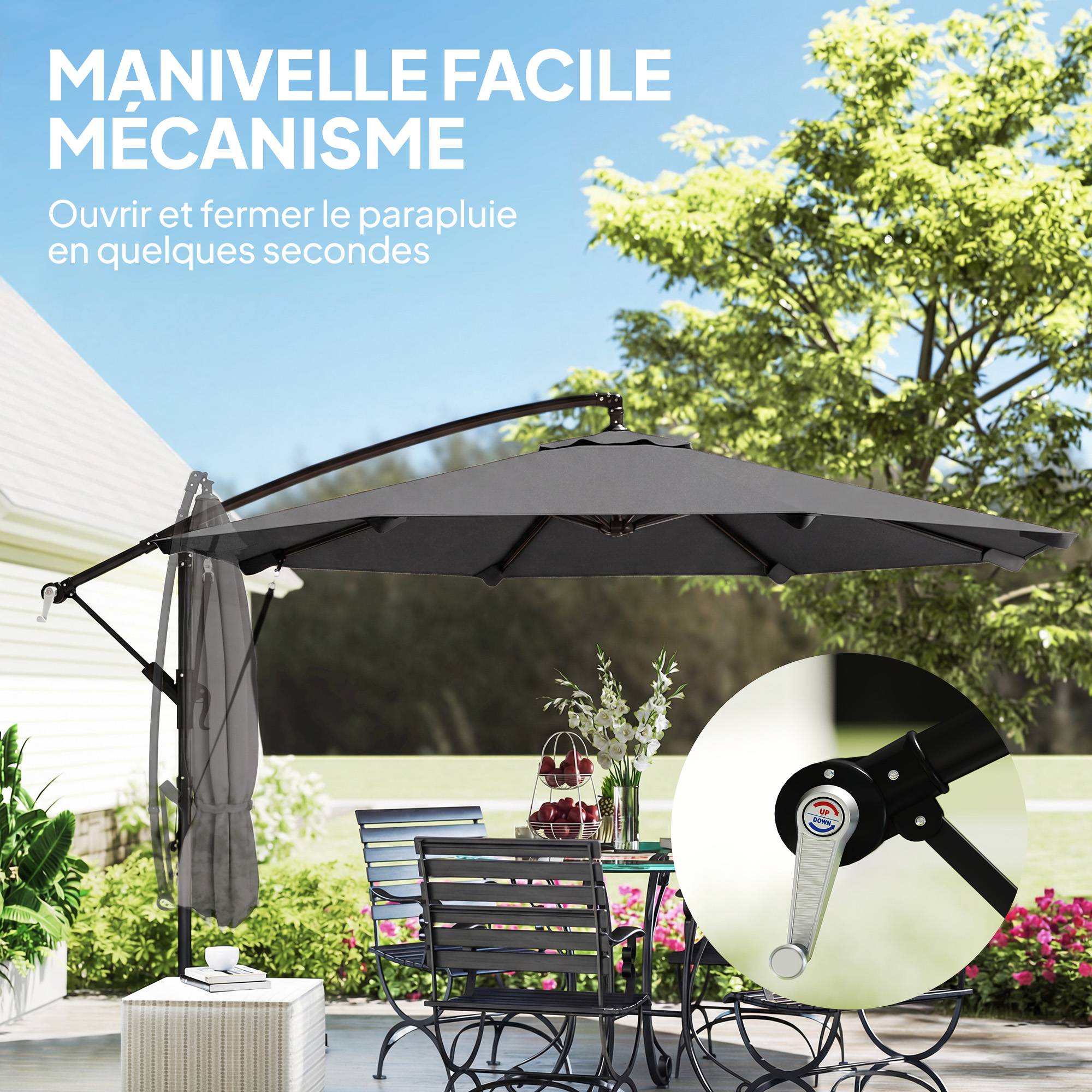 Parasol déporté en métal et polyester gris foncé 266 x 266 x 248.5 cm - PANGIVO - Image 9