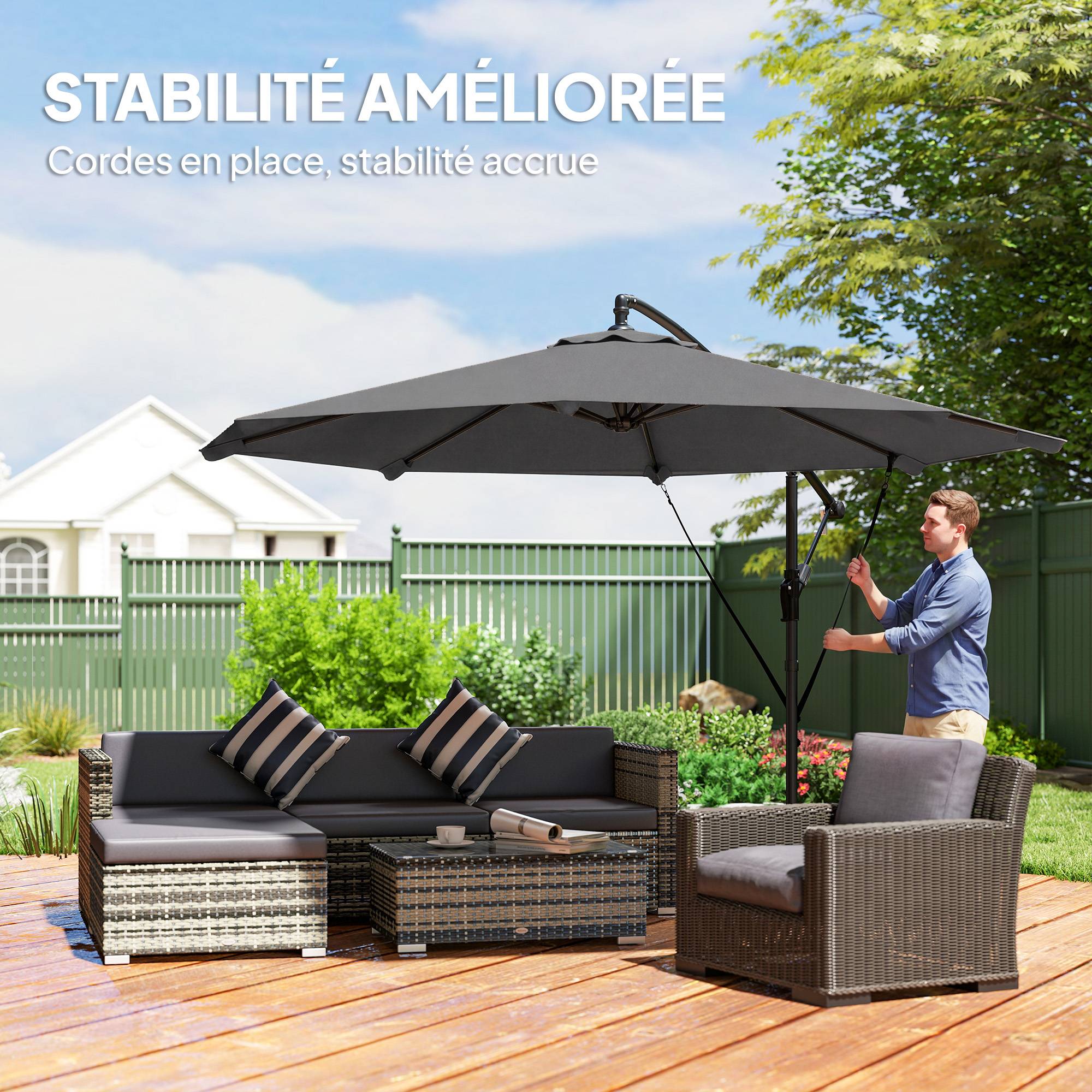 Parasol déporté en métal et polyester gris foncé 266 x 266 x 248.5 cm - PANGIVO - Image 6
