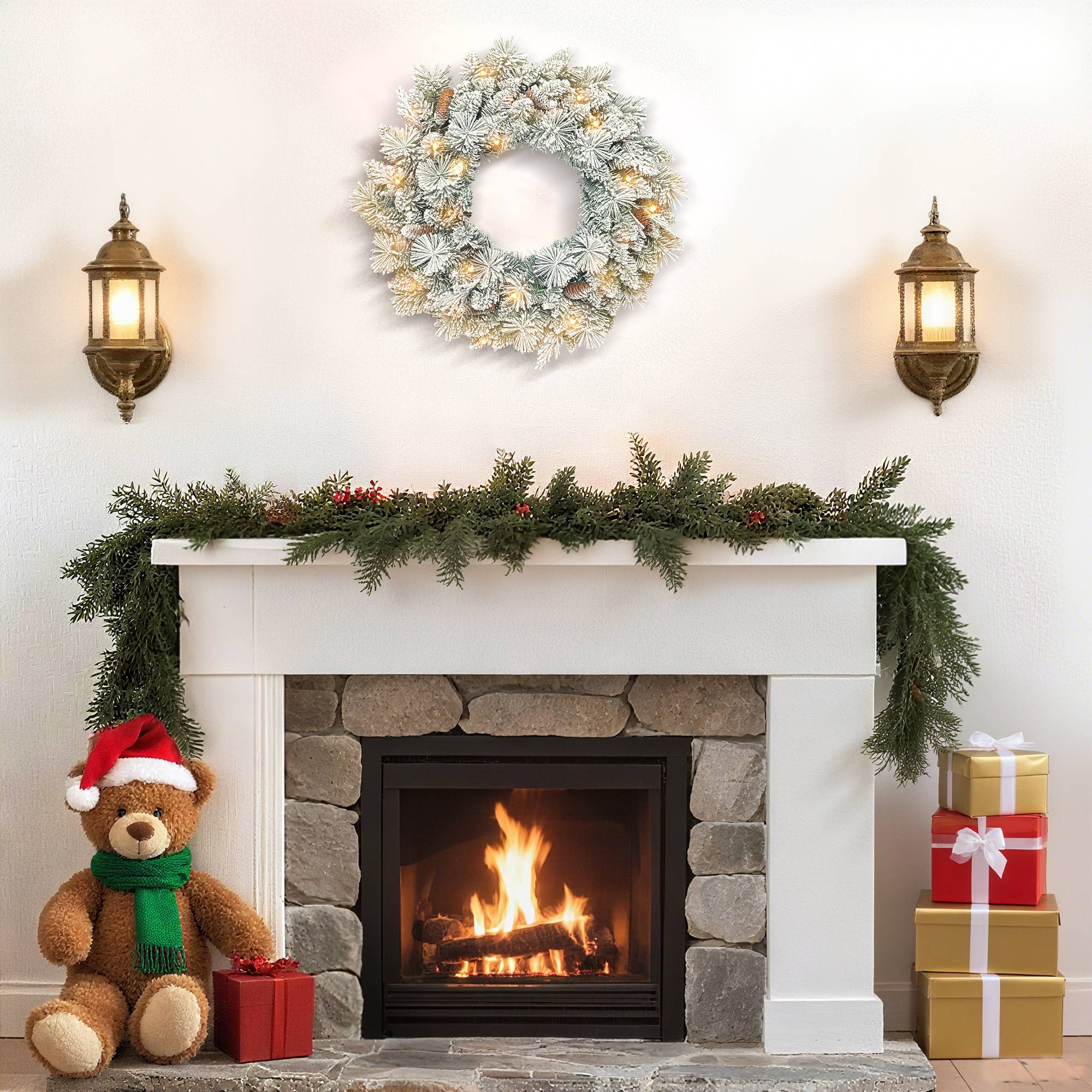 Couronne de Noël lumineuse 60 cm avec 35 LED blanc chaud, minuterie, 98 pointes, pommes de pin, vert et blanc - Image 10