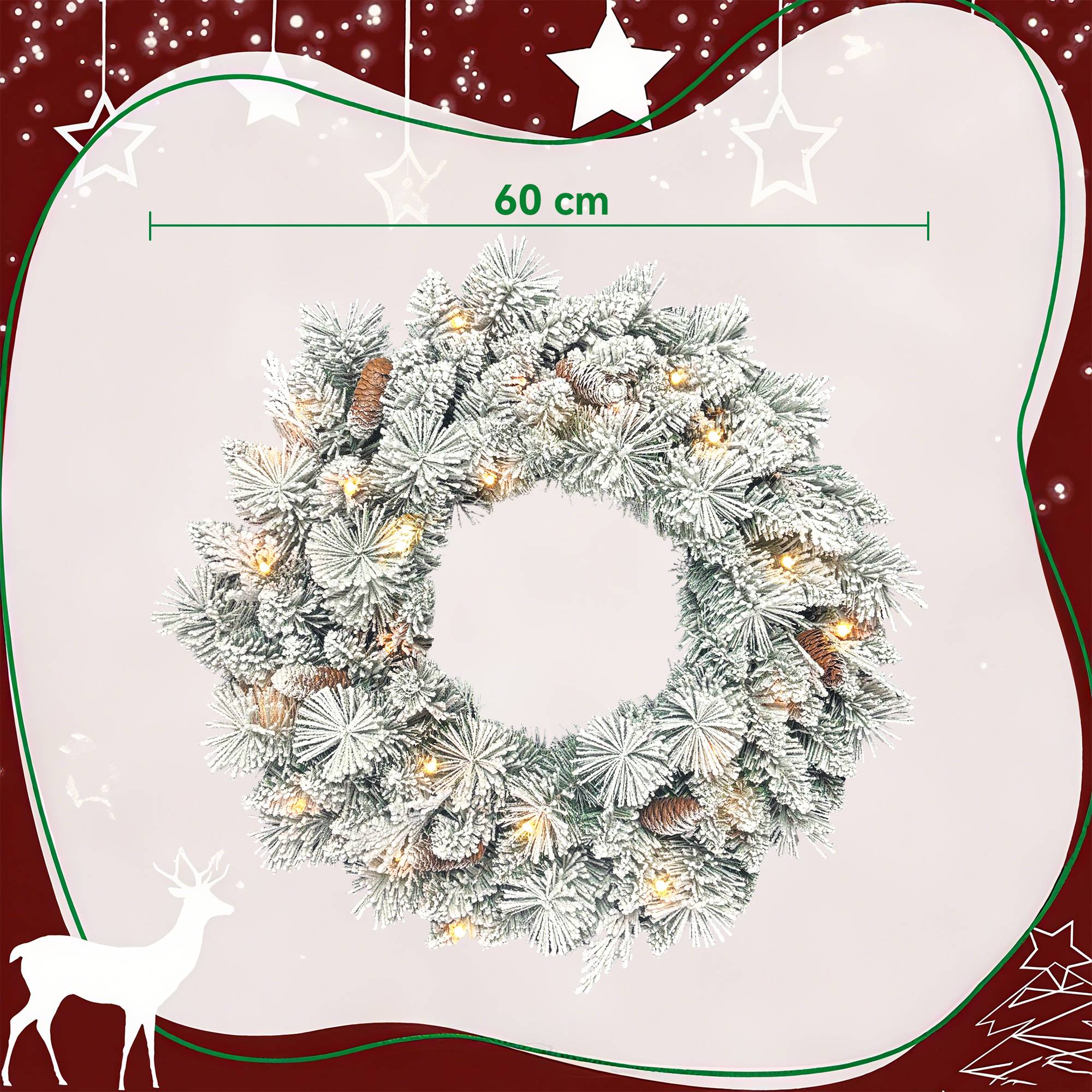 Couronne de Noël lumineuse 60 cm avec 35 LED blanc chaud, minuterie, 98 pointes, pommes de pin, vert et blanc - Image 5