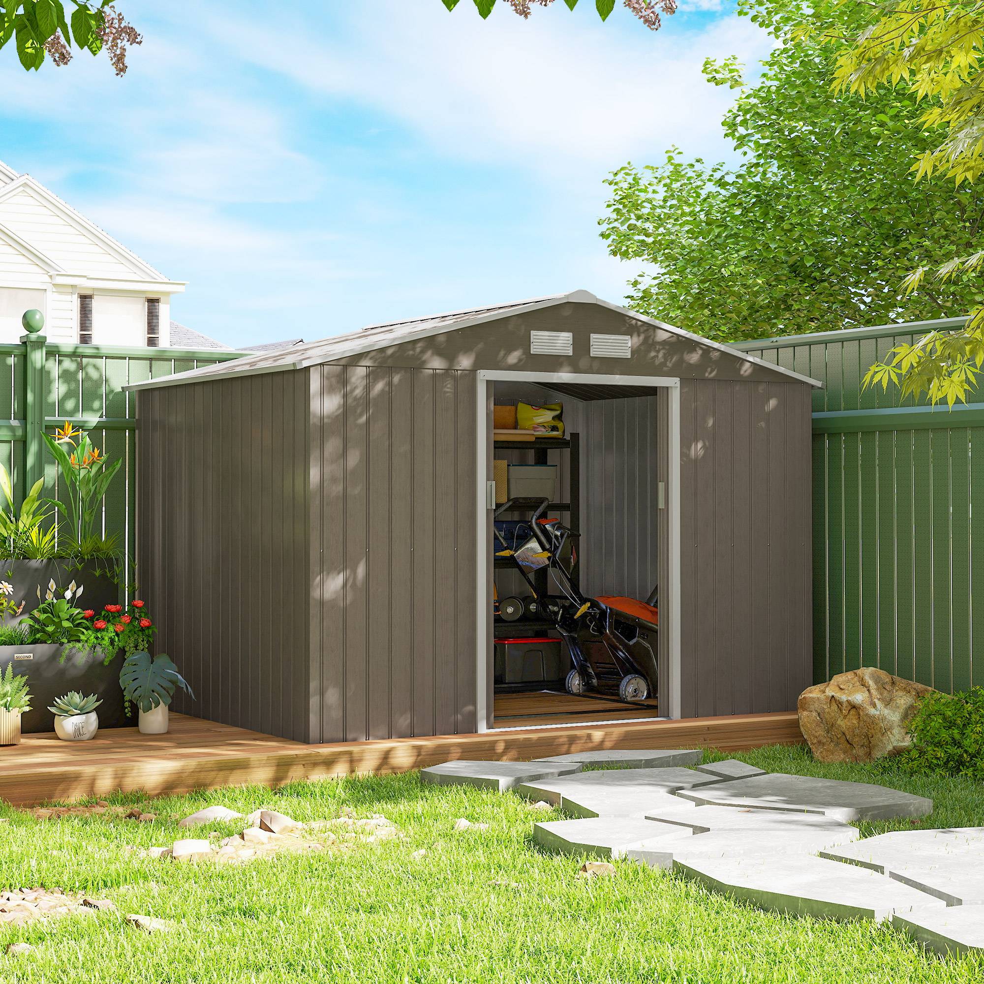 Abri de jardin de 4,9 m² (277 x 195 x 192 cm) avec 2 portes coulissantes, toit en pente et 4 fenêtres imitation bois - Image 4