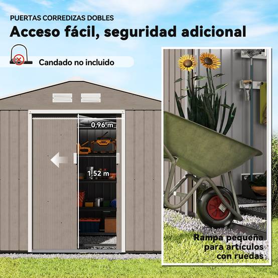 Abri de jardin de 4,9 m² (277 x 195 x 192 cm) avec 2 portes coulissantes, toit en pente et 4 fenêtres imitation bois - Image 7