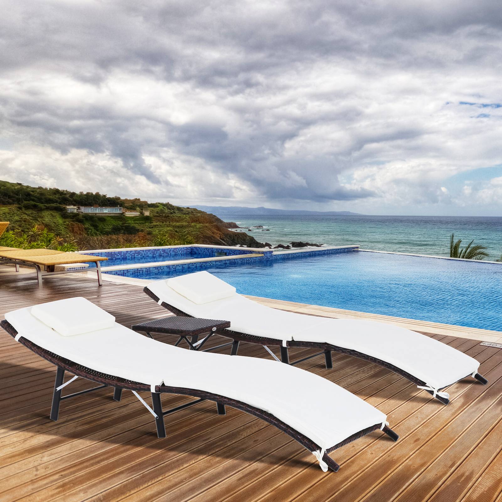 Outsunny - Lot de 2 transats bains de soleil pliables grand confort : matelas, têtière + table basse résine tressée chocolat - Outsunny - Imagen 2