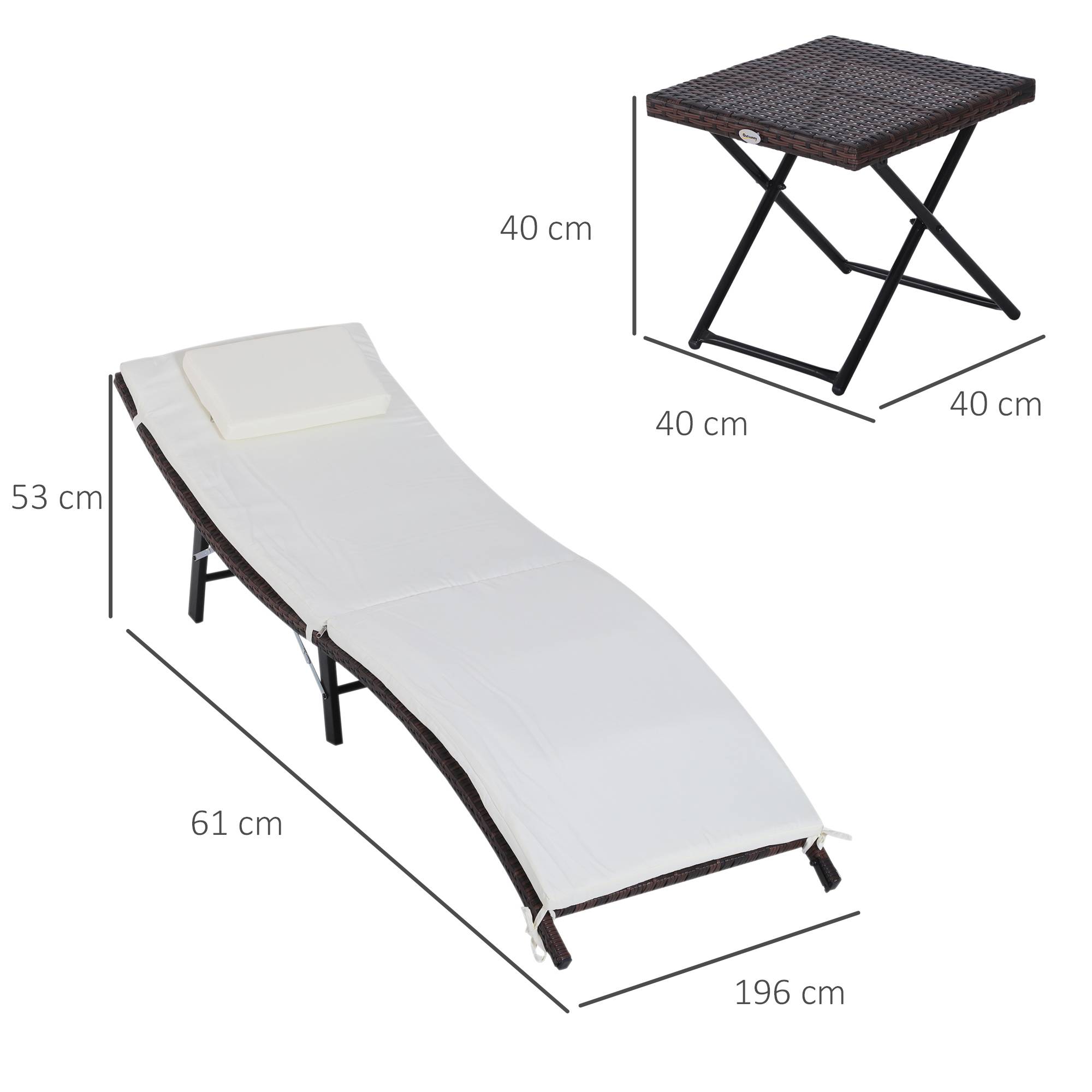 Outsunny - Lot de 2 transats bains de soleil pliables grand confort : matelas, têtière + table basse résine tressée chocolat - Outsunny - Imagen 3