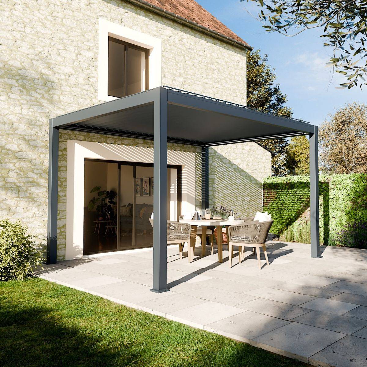 Direct Abris - Pergola Bioclimatique Autoportée Motorisée 12m² 3x4m Gris Anthracite STELLAR - Eclairage Intégré - Image 1