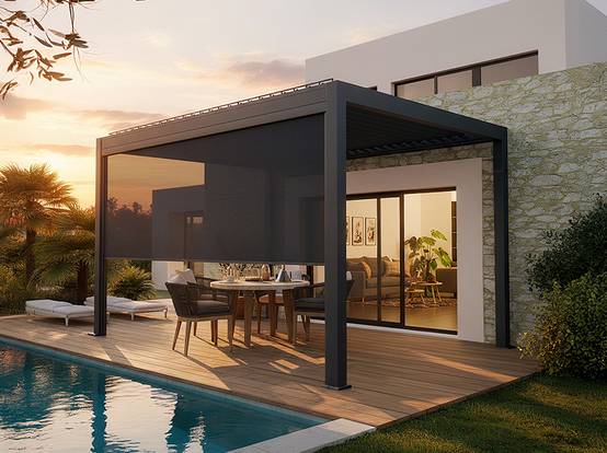 Pergola Bioclimatique Autoportée Motorisée 12m² 3x4m Gris Anthracite STELLAR - Eclairage Intégré - Image 1