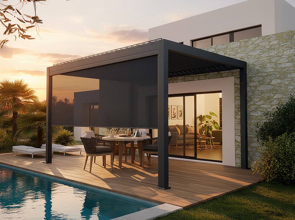 Pergola Bioclimatique Autoportée Motorisée 12m² 3x4m Gris Anthracite STELLAR - Eclairage Intégré