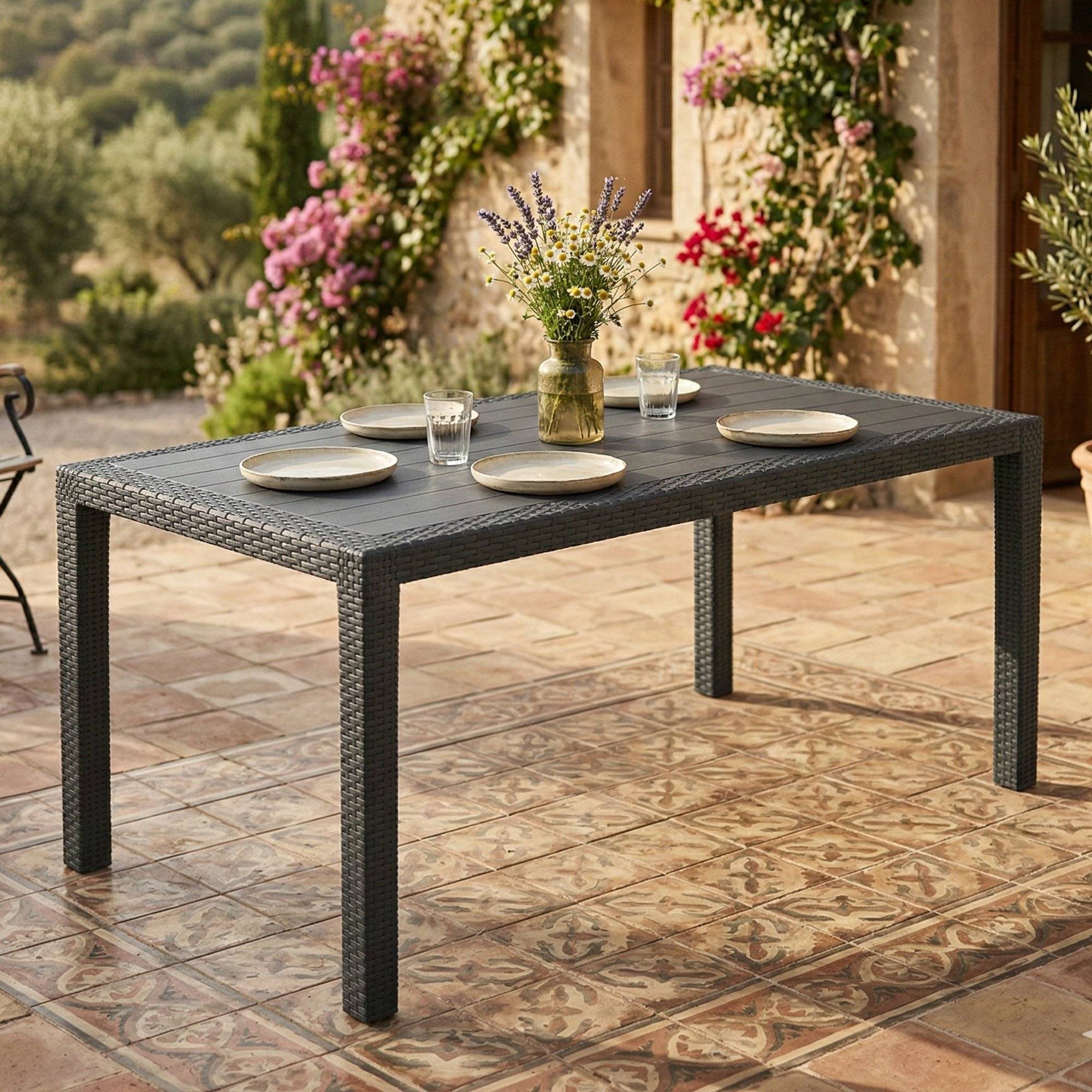 Dmora - Table d'extérieur Imola, Étagère rectangulaire fixe, Table de jardin polyvalente effet rotin, 100% Made in Italy, 138x78h72 cm, Anthracite - Dmora - Imagen 2