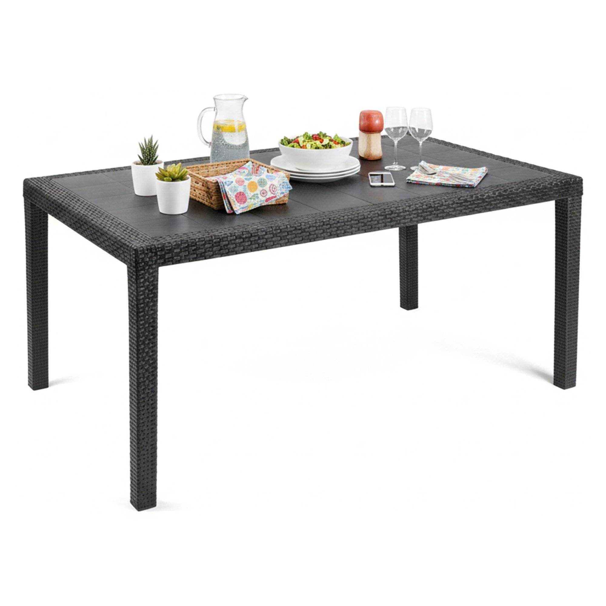 Dmora - Table d'extérieur Imola, Étagère rectangulaire fixe, Table de jardin polyvalente effet rotin, 100% Made in Italy, 138x78h72 cm, Anthracite - Dmora - Imagen 1