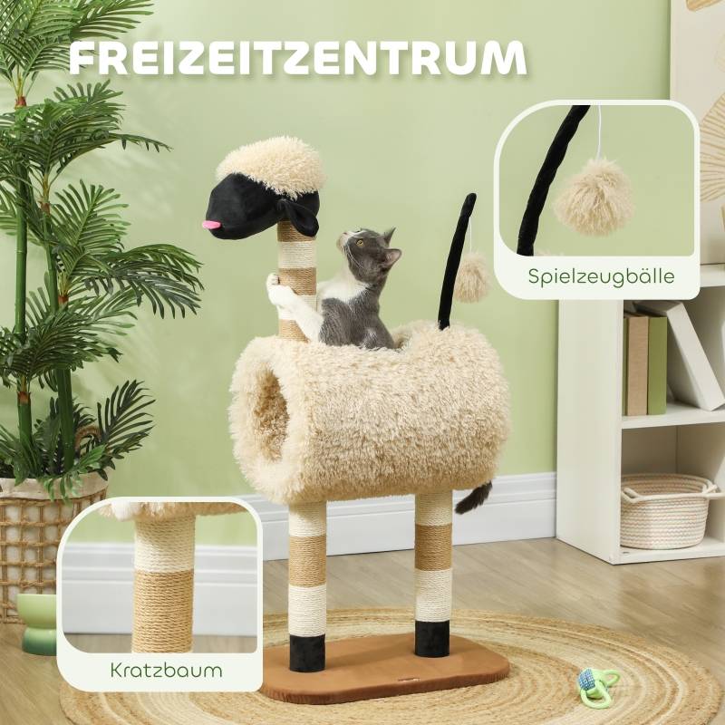 Arbre à chat design mouton 98cm, poteau à griffer, tunnel et jouet brun clair - Image 4