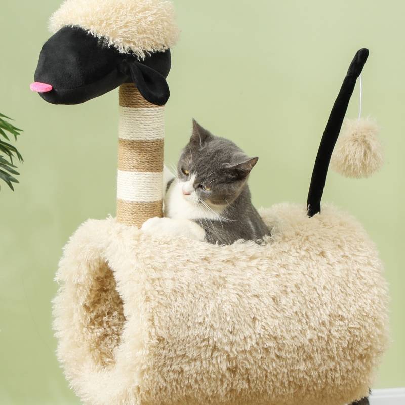 Arbre à chat design mouton 98cm, poteau à griffer, tunnel et jouet brun clair - Image 7