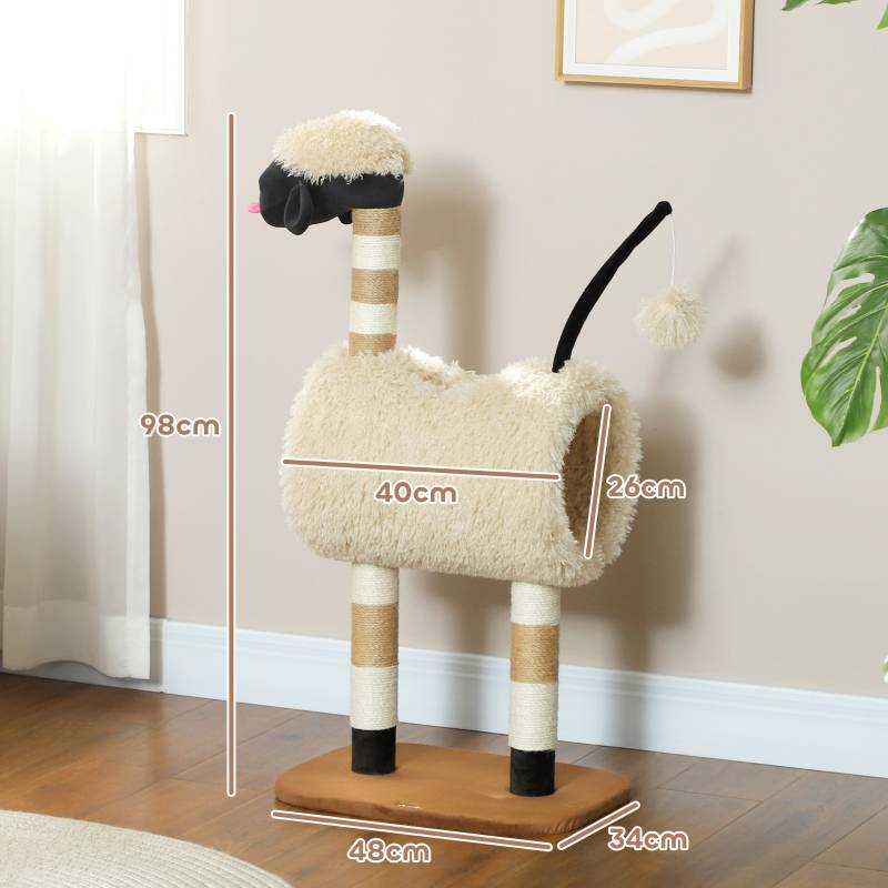 Arbre à chat design mouton 98cm, poteau à griffer, tunnel et jouet brun clair - Image 3