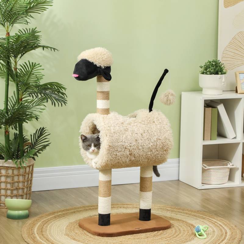 Arbre à chat design mouton 98cm, poteau à griffer, tunnel et jouet brun clair - Image 2