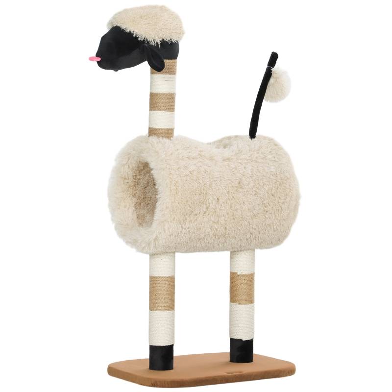 Arbre à chat design mouton 98cm, poteau à griffer, tunnel et jouet brun clair - Image 1