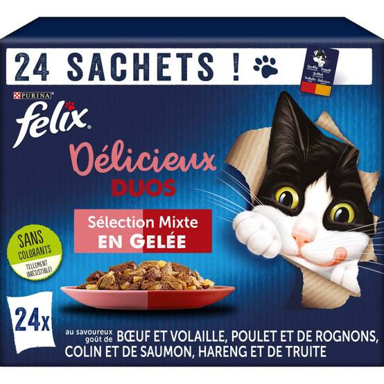 Purina One - 24 Sachets de 85g pour chat Tendres Effilés Délicieux Duos - Sélection Mixte felix