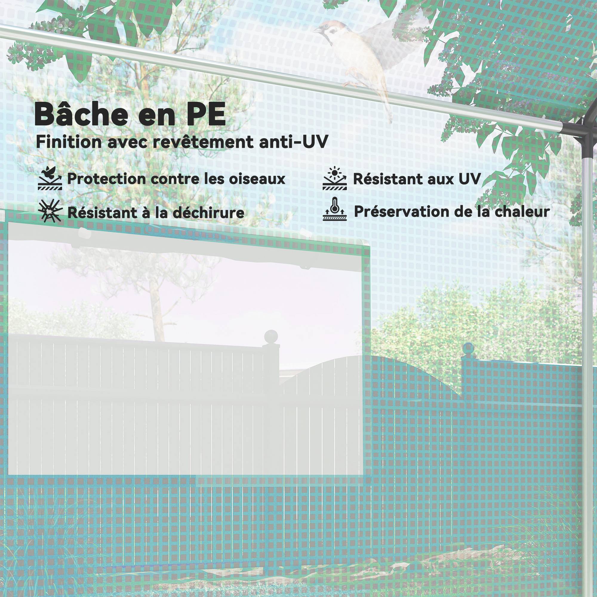 Serre de jardin tunnel 2 x 3m, 6m² avec porte enroulable, 4 fenêtres, - Acier galvanisé PE Haute densité Vert - Image 6