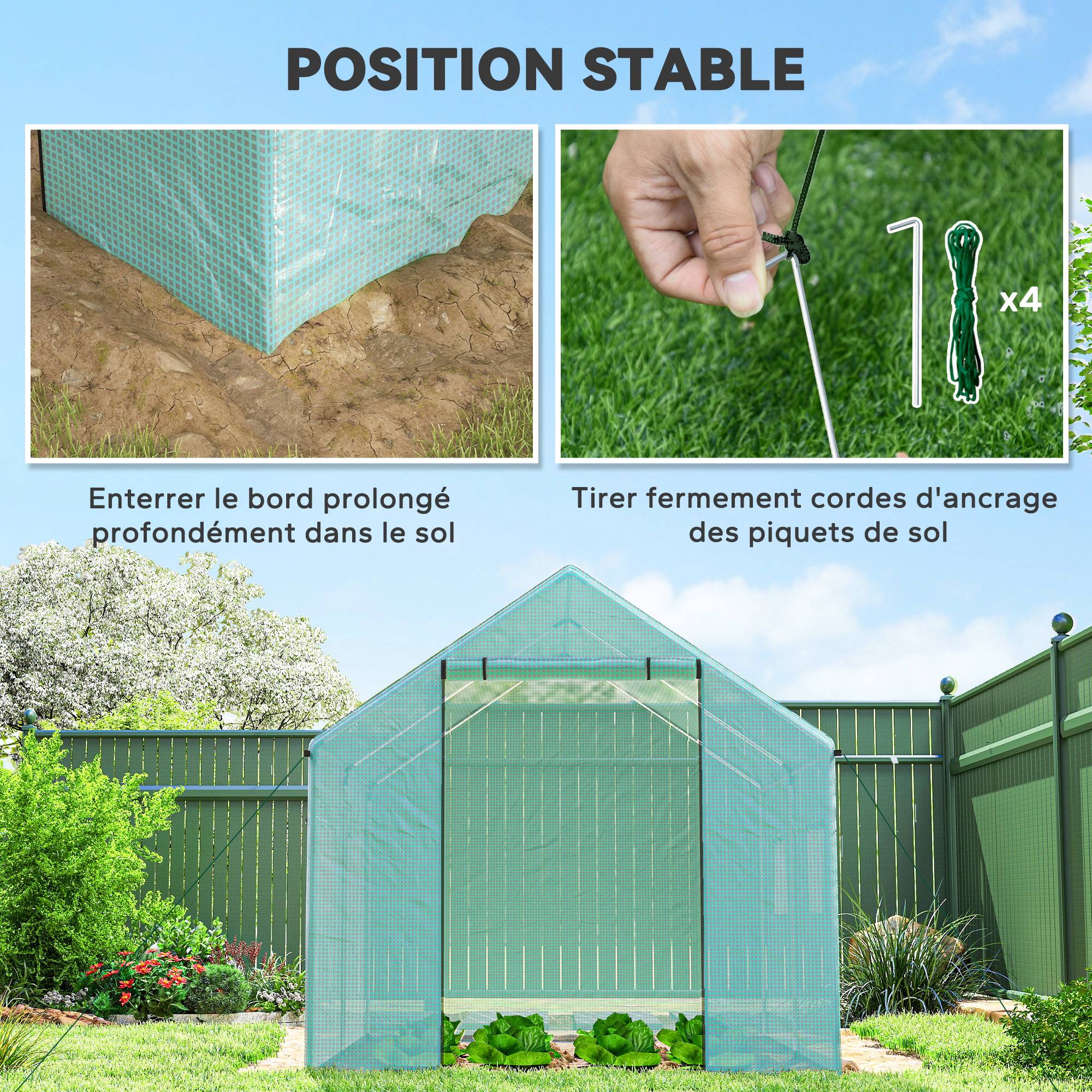 Serre de jardin tunnel 2 x 3m, 6m² avec porte enroulable, 4 fenêtres, - Acier galvanisé PE Haute densité Vert - Image 8