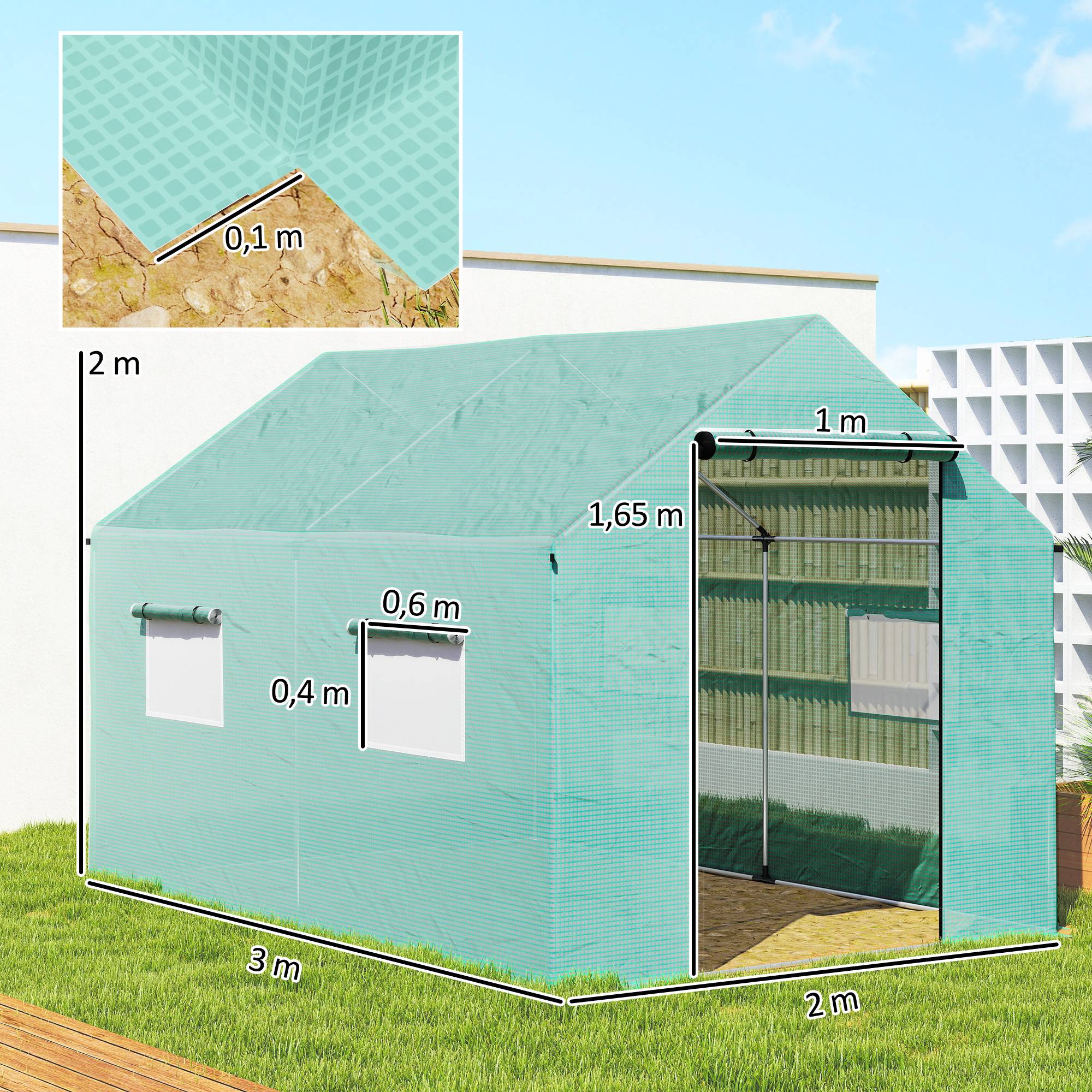 Serre de jardin tunnel 2 x 3m, 6m² avec porte enroulable, 4 fenêtres, - Acier galvanisé PE Haute densité Vert - Image 5