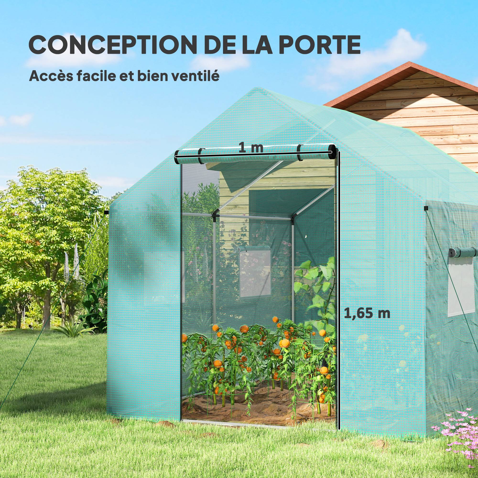 Serre de jardin tunnel 2 x 3m, 6m² avec porte enroulable, 4 fenêtres, - Acier galvanisé PE Haute densité Vert - Image 7