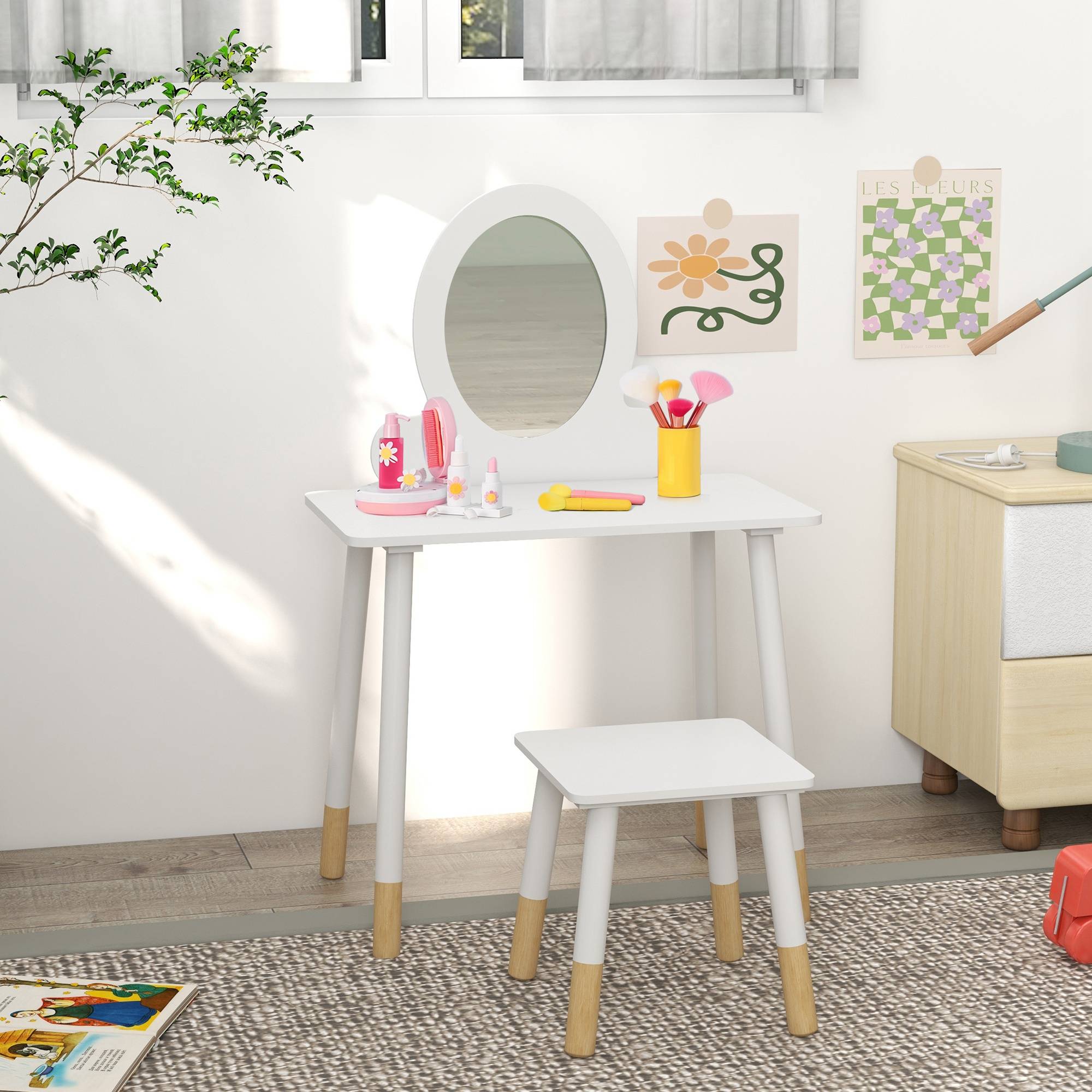 Sans Marque - Coiffeuse pour filles dès 3 ans, avec tabouret et miroir, design simple, blanche. - Image 4