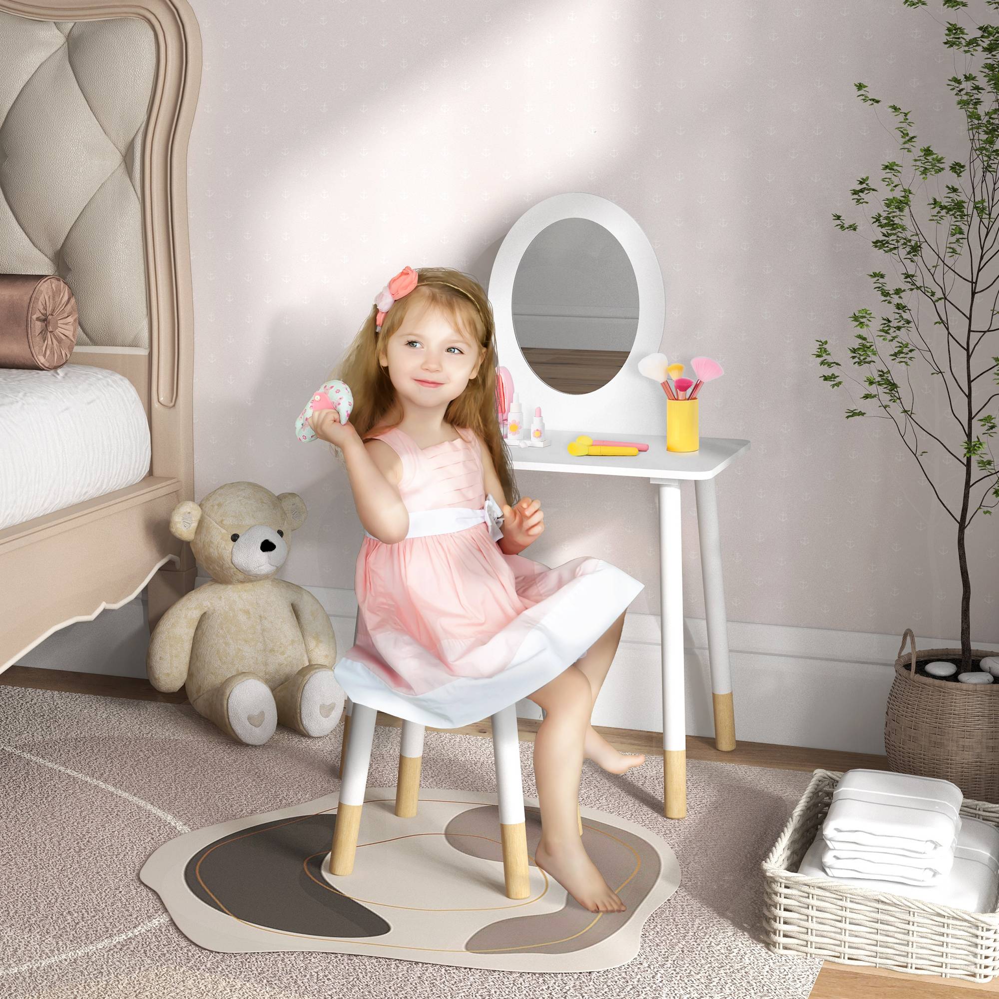 Sans Marque - Coiffeuse pour filles dès 3 ans, avec tabouret et miroir, design simple, blanche. - Image 3