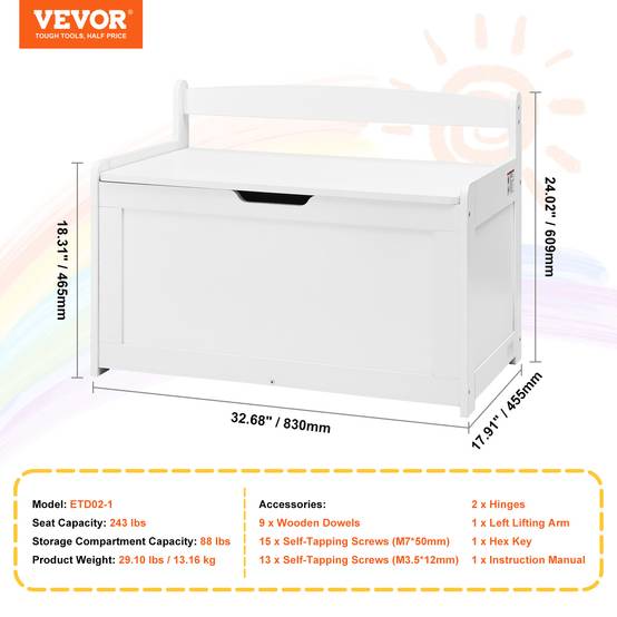 VEVOR Coffre jouets bois enfants, couvercle rabattable, sécurité, blanc. - Image 7