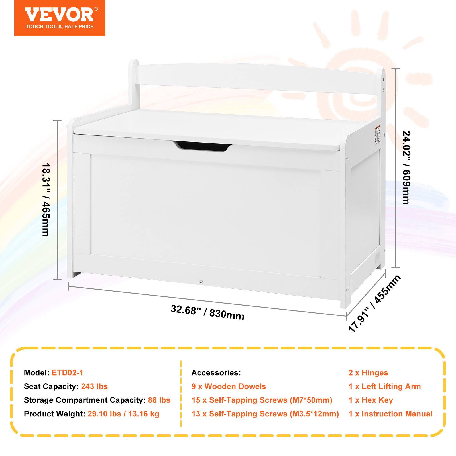 VEVOR Coffre jouets bois enfants, couvercle rabattable, sécurité, blanc. - Image 7