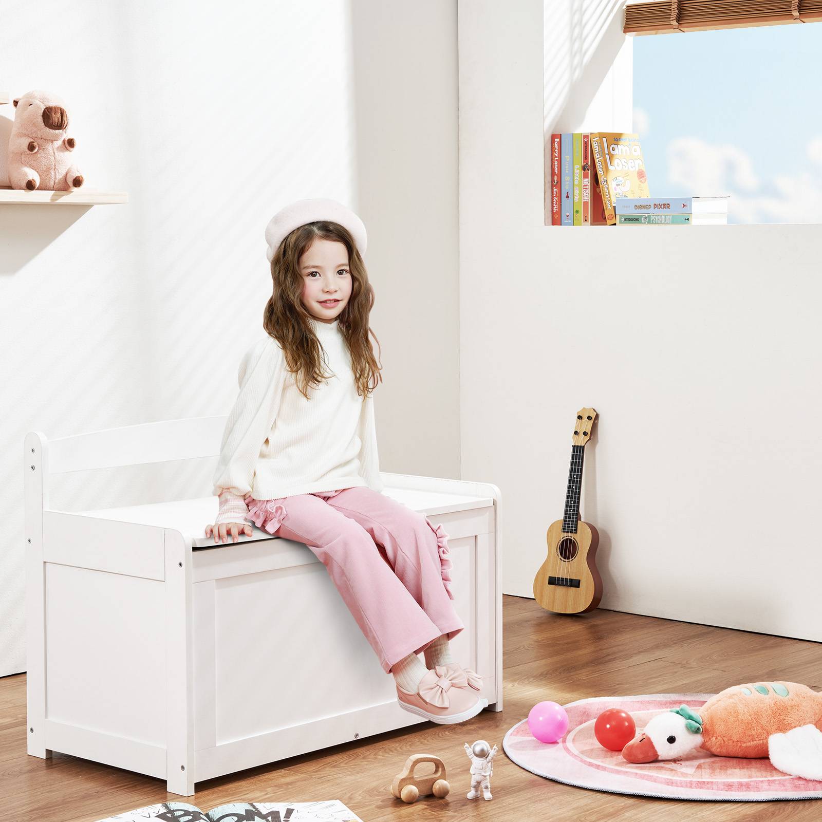 VEVOR Coffre jouets bois enfants, couvercle rabattable, sécurité, blanc. - Image 8
